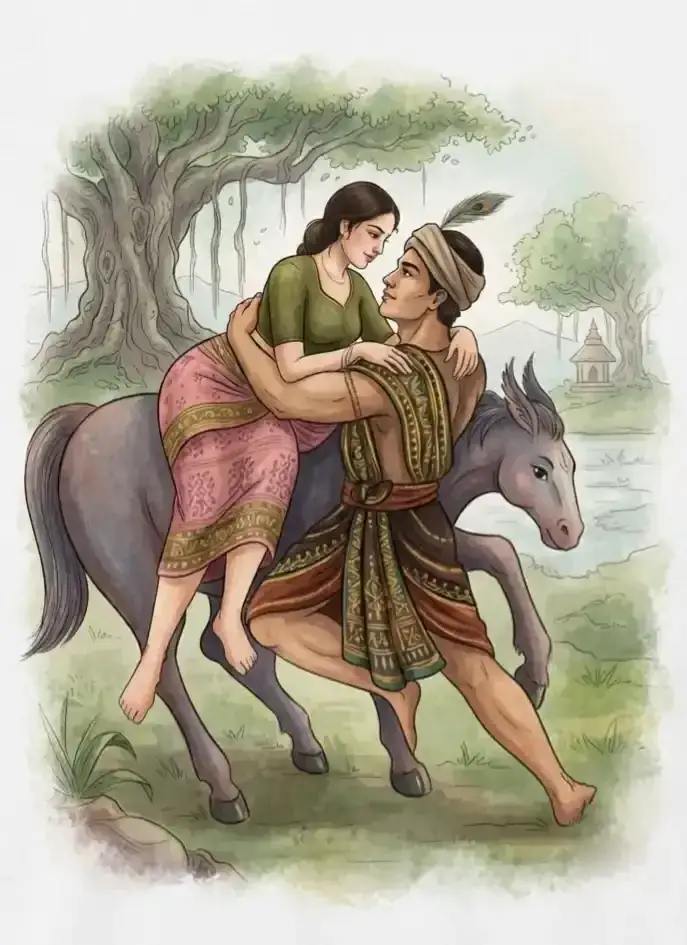 Illustrated folk-romance scene of a couple beneath a banyan tree