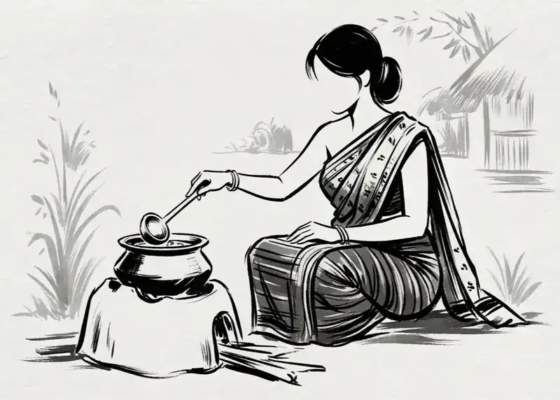 Illustration of a woman cooking on a traditional wood-fired stove